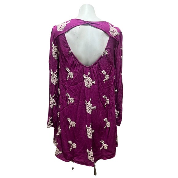 Free People Dress Womens M Purple Floral Embroidered Swing Mini Open Back - Picture 6 of 8